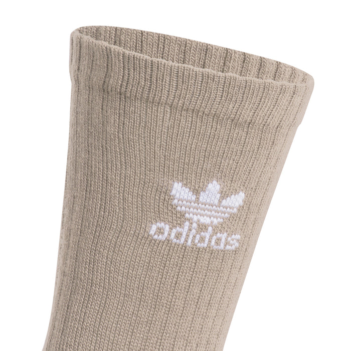Kids crew socks in heather beige with white adidas trefoil and adidas wordmark