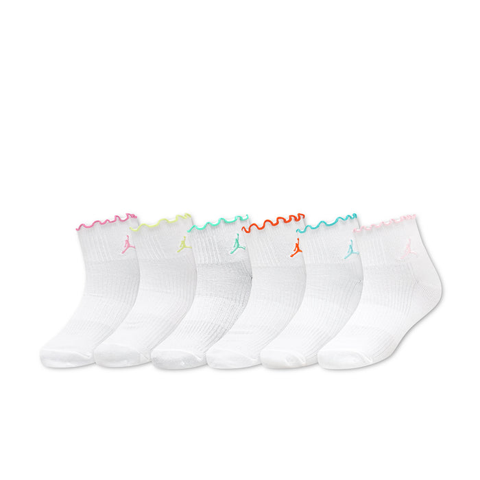 6-pack white ankle socks with multicolor Jordan logo and lettuce edge cuffs