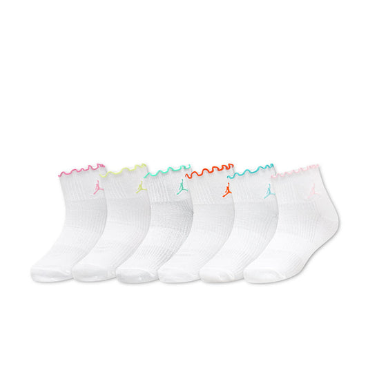 6-pack white ankle socks with multicolor Jordan logo and lettuce edge cuffs