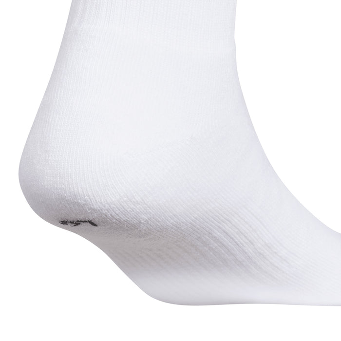 White quarter crew sock with black logo near the heel