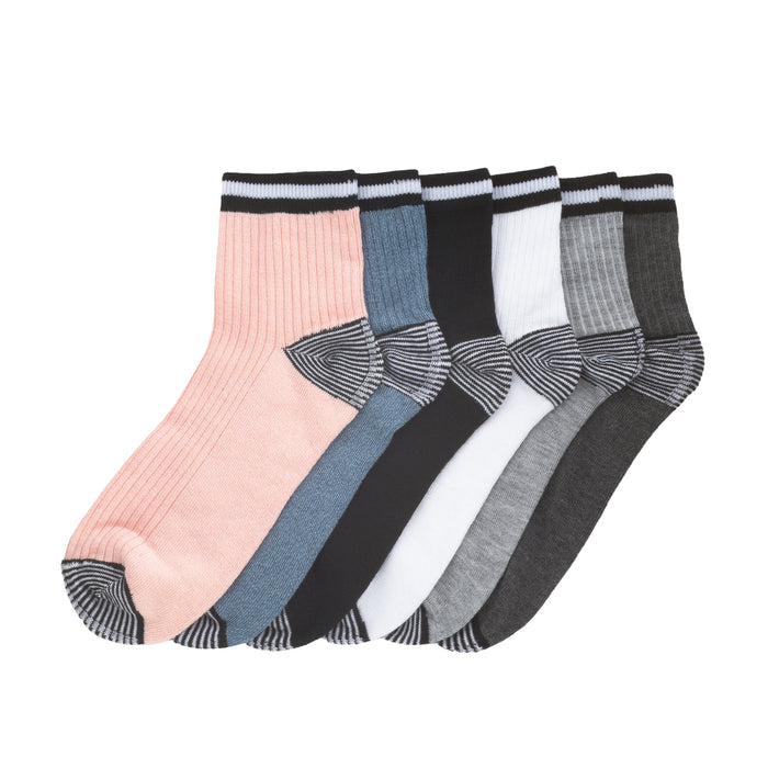 6-pack medium quarter socks with ribbed striped cuffs and heel-toe accents in pink, blue, white, gray, and black