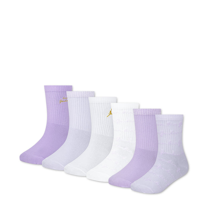 6-pack small half crew socks in violet and white, ribbed knit, yellow logo detail