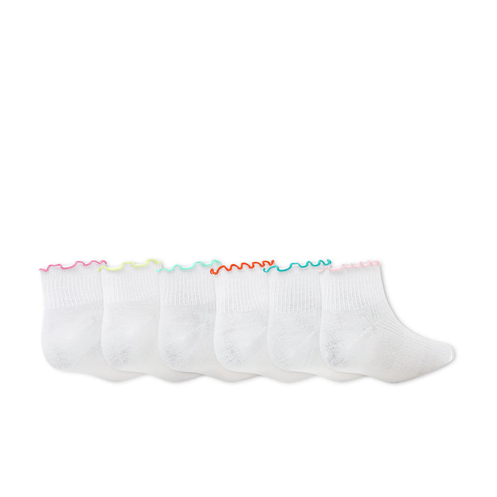 Set of 6 white ankle socks with multicolor lettuce-edge cuffs and small logo