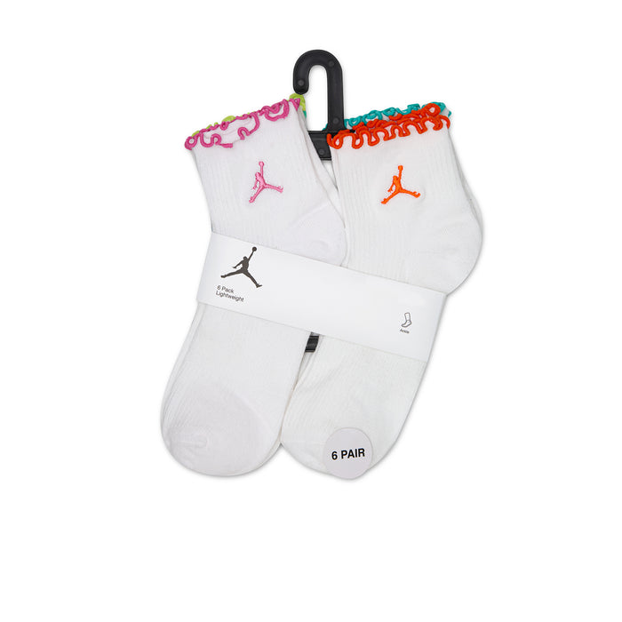 6-pack white ankle socks with multicolor lettuce-edge trim, small logo, and hang tag