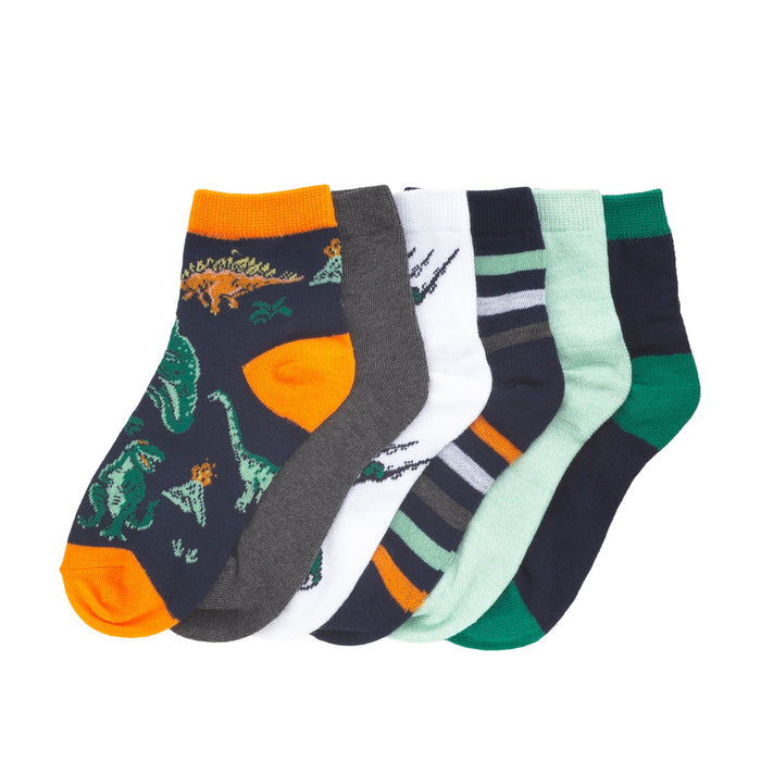 Six-pack crew socks with dinosaur and stripe graphics, green red white gray with orange cuffs