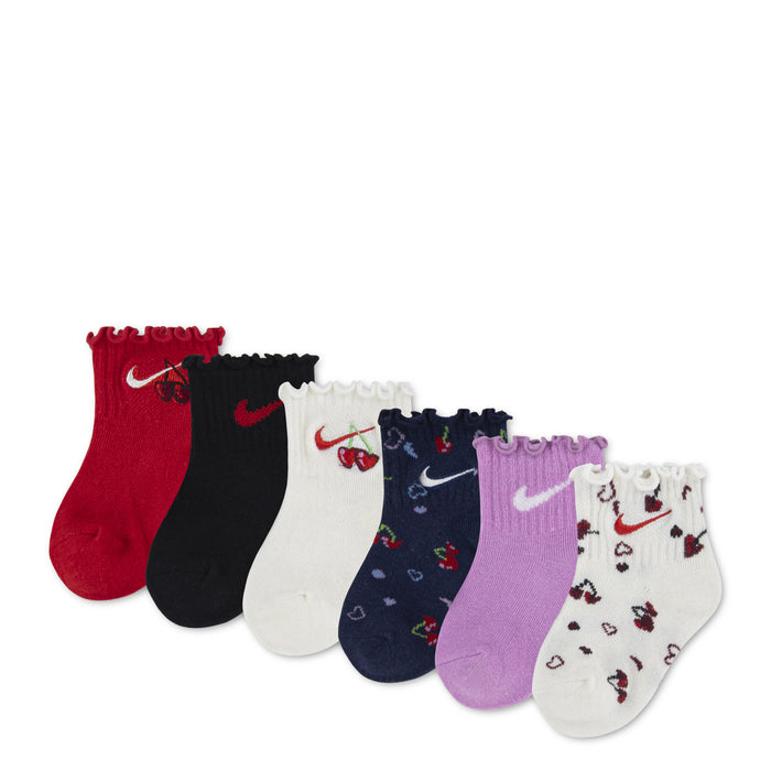 Toddler 6-pack lettuce-cuff socks, red black white navy purple with graphic accents