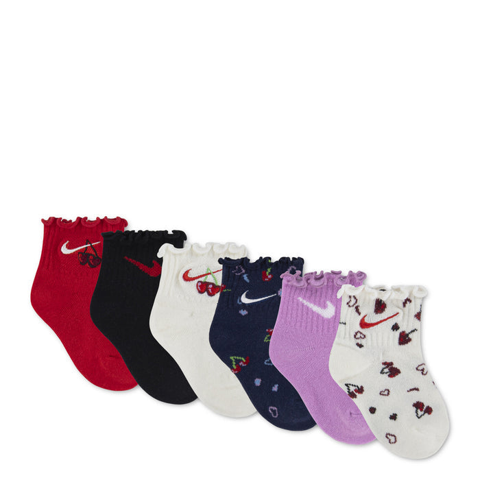 Toddler 6-pack lettuce-cuff socks with Nike-style swooshes, red black white navy purple