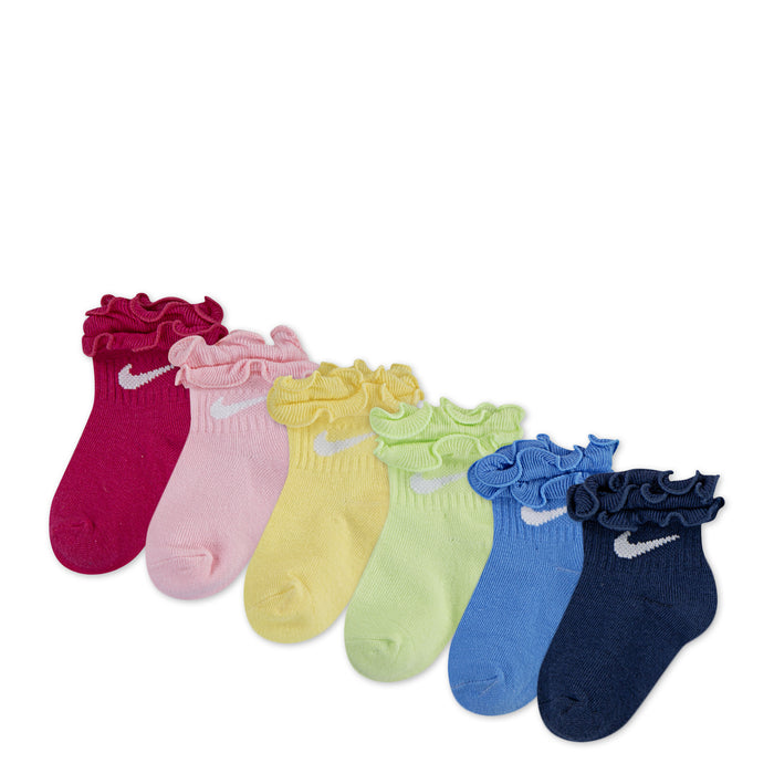 Set of 6 toddler ruffle socks with frilly layered cuffs in rainbow colors