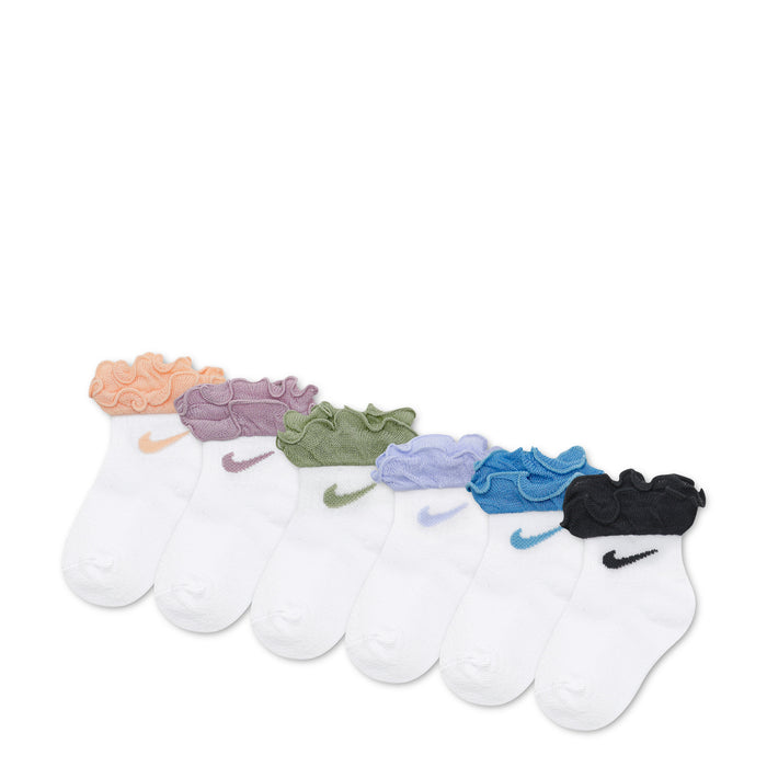 Toddler ruffle socks 6-pack with Nike swooshes: white, coral, purple, green, blue, black