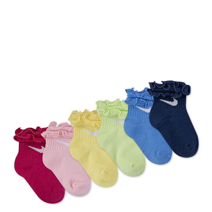 Six toddler ruffle socks, layered frilly cuffs in magenta, pink, yellow, green, blue, navy