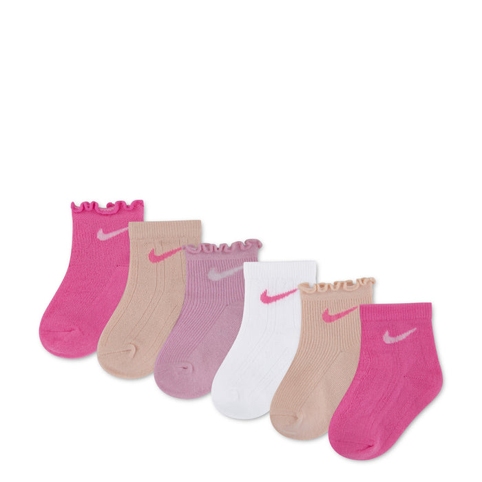 Six-pack toddler ankle socks, textured knit, pink, beige, lavender, and white with logos
