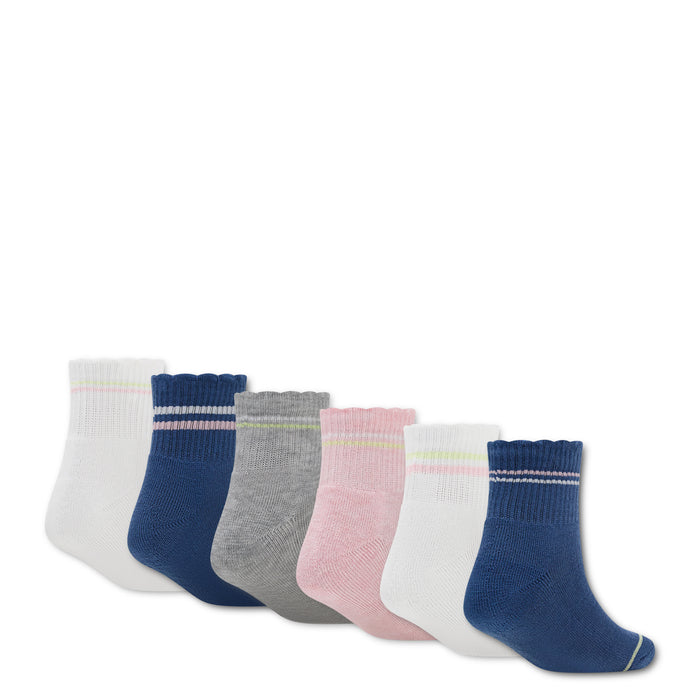 6-pack ankle socks in white, blue, gray, pink, and pastel striped pairs