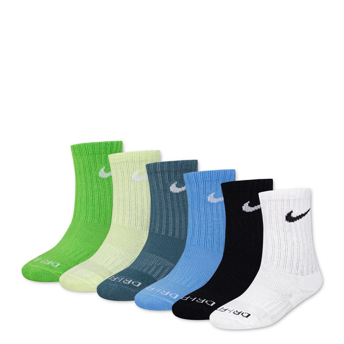 6-pack crew performance socks in neon green, cream, teal, blue, black, and white.