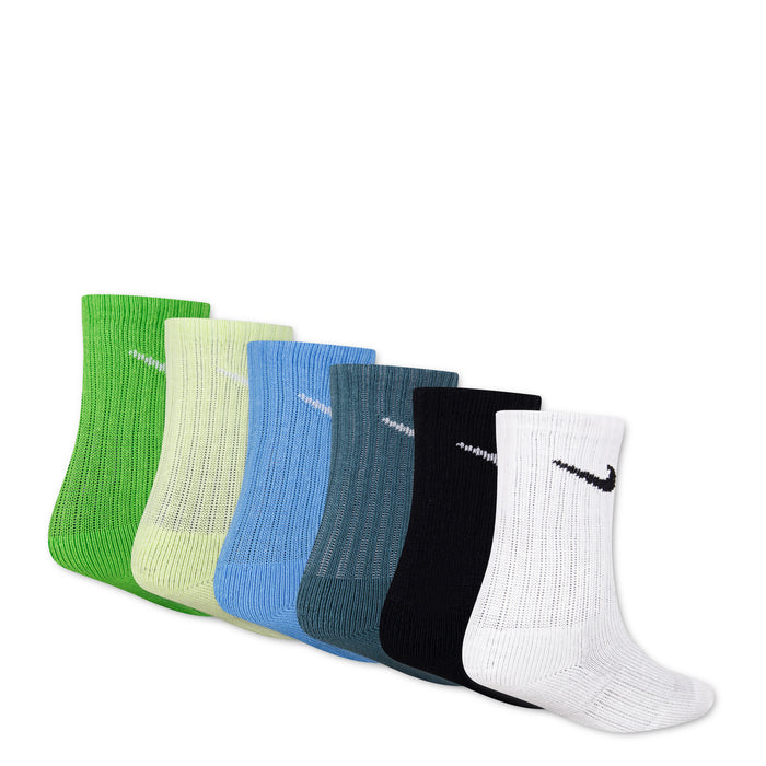 6-pack crew socks laid out in neon green, pale cream, blue, dark teal, black, and white.