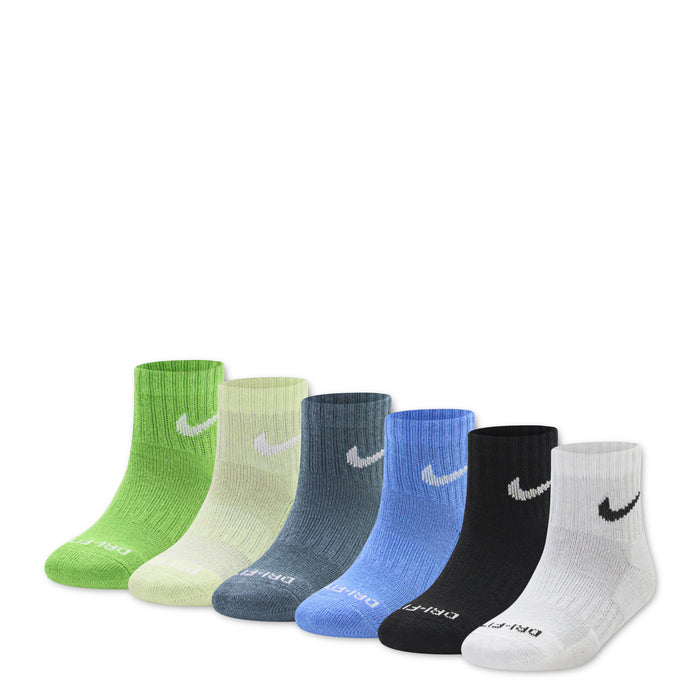 6-pack quarter crew performance socks, green blue white gray, Nike swoosh branding