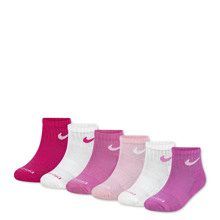 6-pack quarter socks in vivid pink, blush pink, and white; Nike swoosh logo