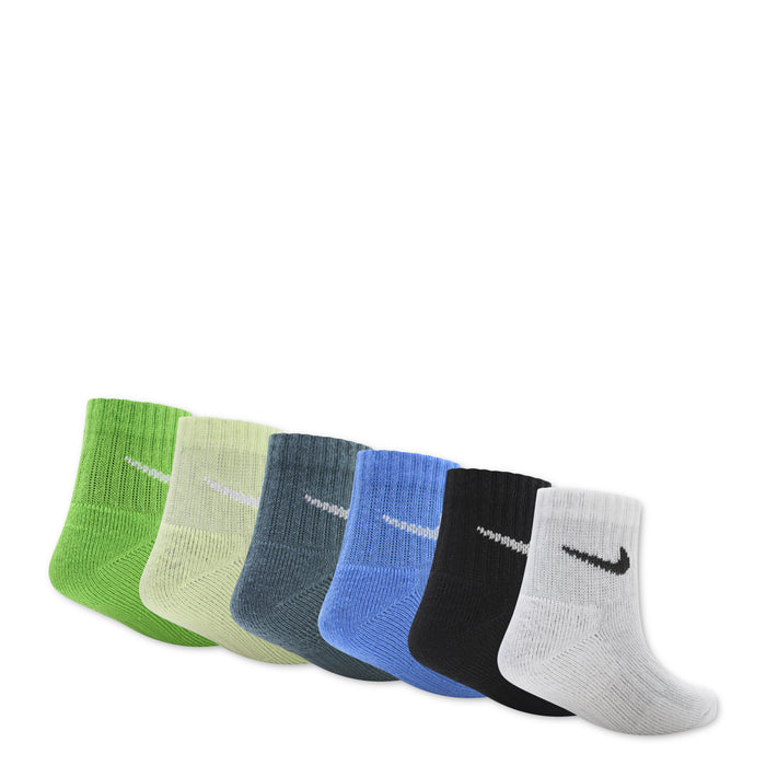 6-pack quarter crew socks in green, light gray, dark gray, blue, black, white; Nike swoosh