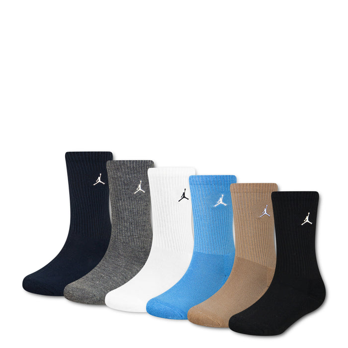 Six-pack crew socks: black, obsidian, grey, white, blue, beige, each with Jumpman logo