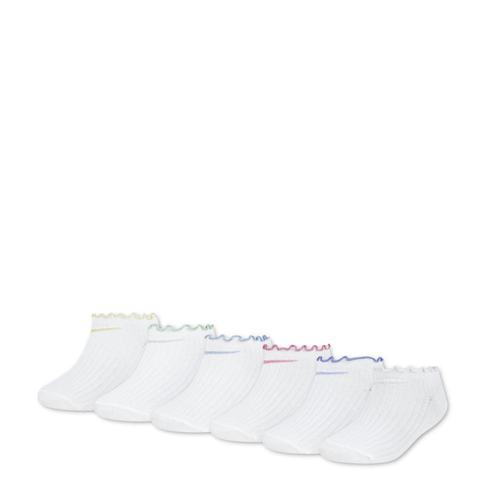 6-pack x-small no-show socks, white with multicolor lettuce welt cuffs