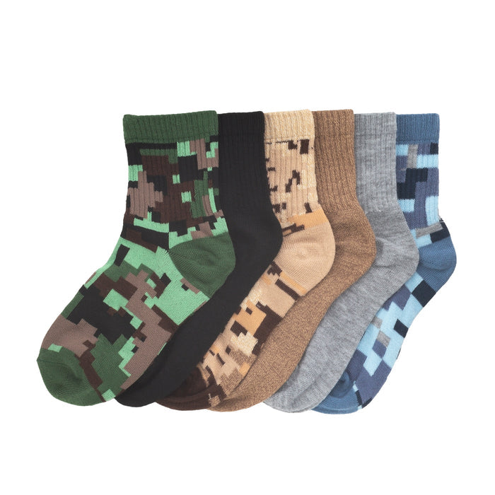 Six-pack x-small quarter crew socks in green, tan, brown, gray, and blue digi camo