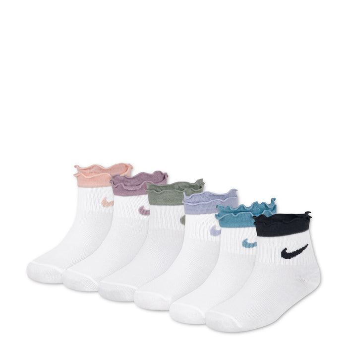 6-pack x-small ruffle ankle socks: white with coral, lavender, gray, green, blue, navy cuffs
