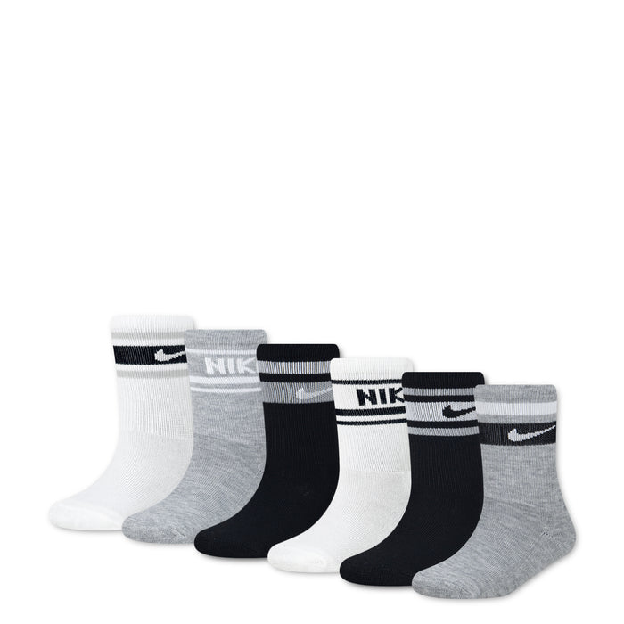 6-pack crew socks, white, light grey, and black with logo cuffs