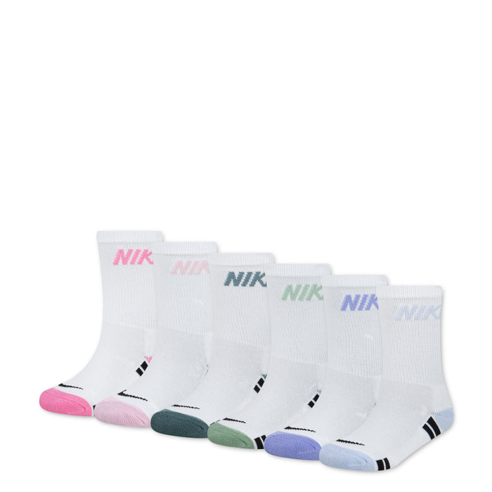 6-pack XXS crew socks in white with multicolor accents and NIKE branding