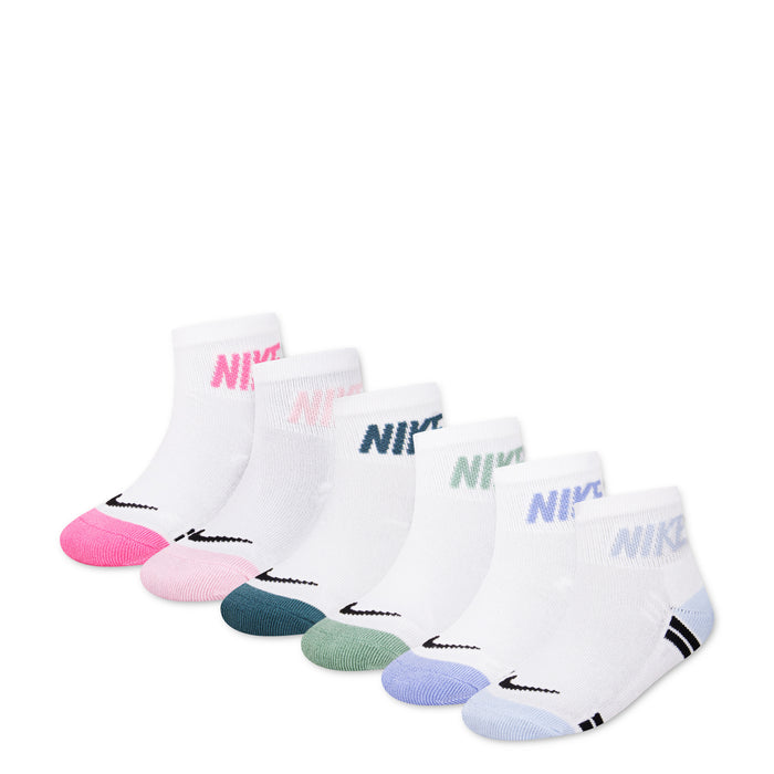 Six-pack quarter socks in white with pink, teal, mint, and light blue NIKE branding