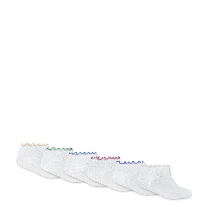 6-pack white no-show socks with wavy lettuce cuffs and multicolor edging