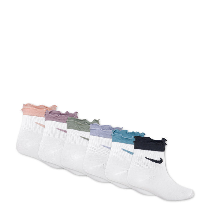 Six-pack ruffle ankle socks with Nike swoosh, white with coral, purple, olive, lavender, blue, navy