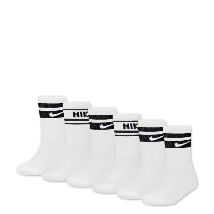 Six-pack crew socks, white with black NIKE logo bands at the cuffs