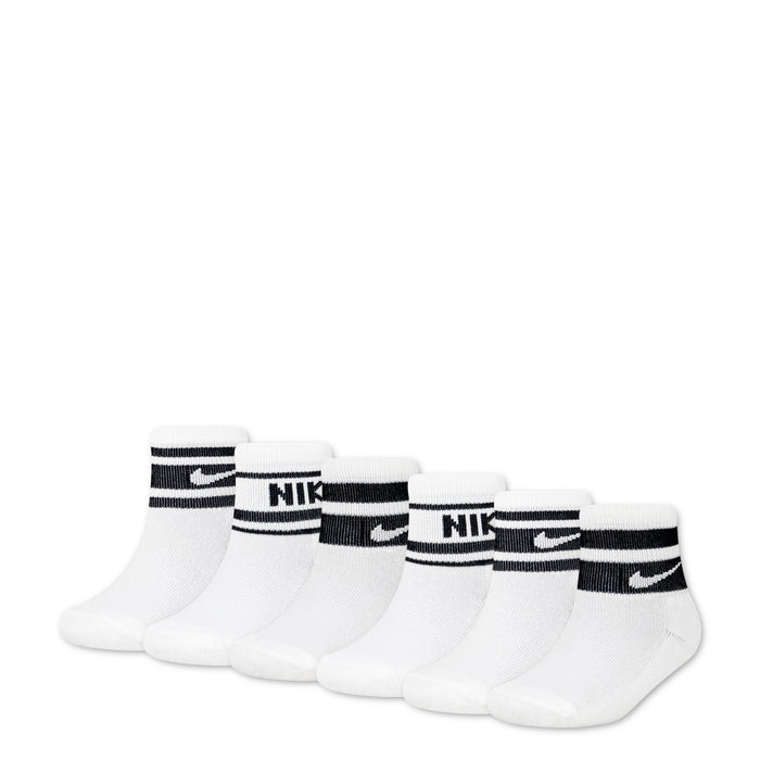 6-pack XXS varsity cushion quarter socks, white with black stripes and Nike logos