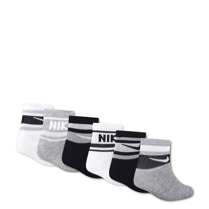 6-pack quarter socks with cushioned foot, striped cuffs, black/white/gray, Nike branding