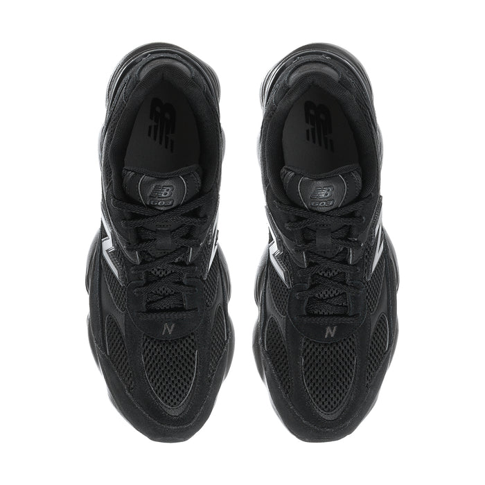 Black lace-up athletic sneakers, top view with textured mesh and N logo
