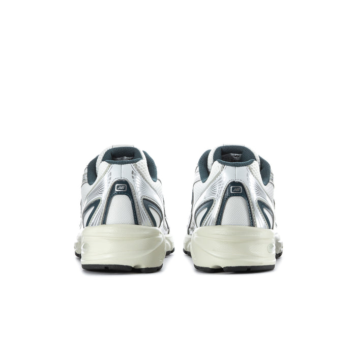 Men's athletic shoes heel view, white metallic uppers with teal lining and cushioned sole