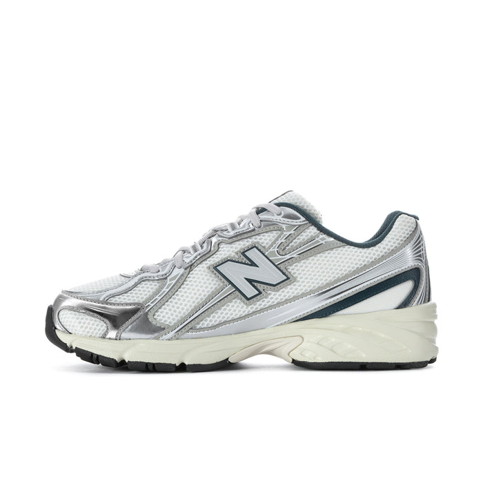 Men's athletic shoes, white metallic side panel with large N logo, lace-up sneaker