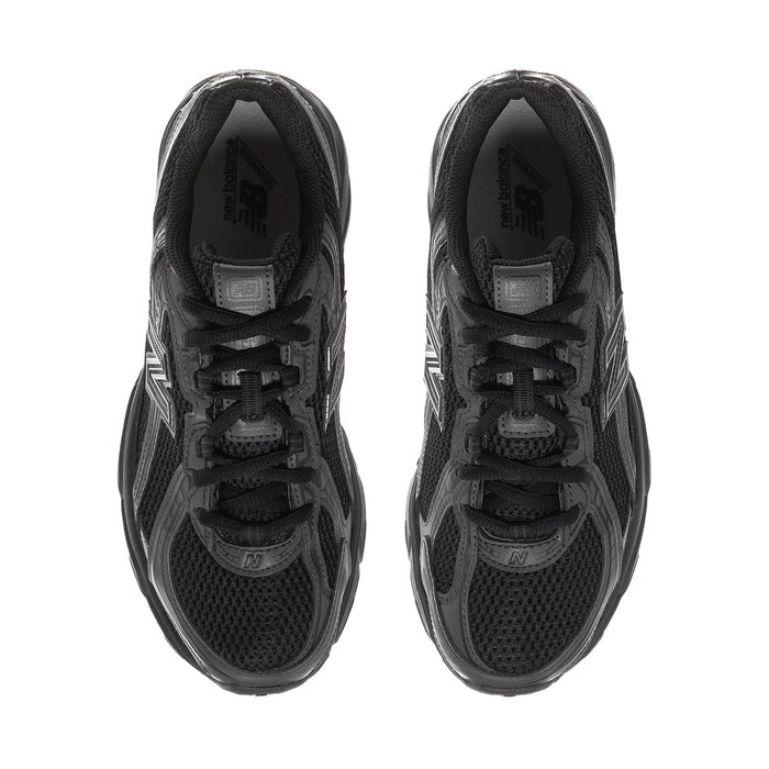 Pair of black and dark gray lace-up running sneakers, side-by-side view