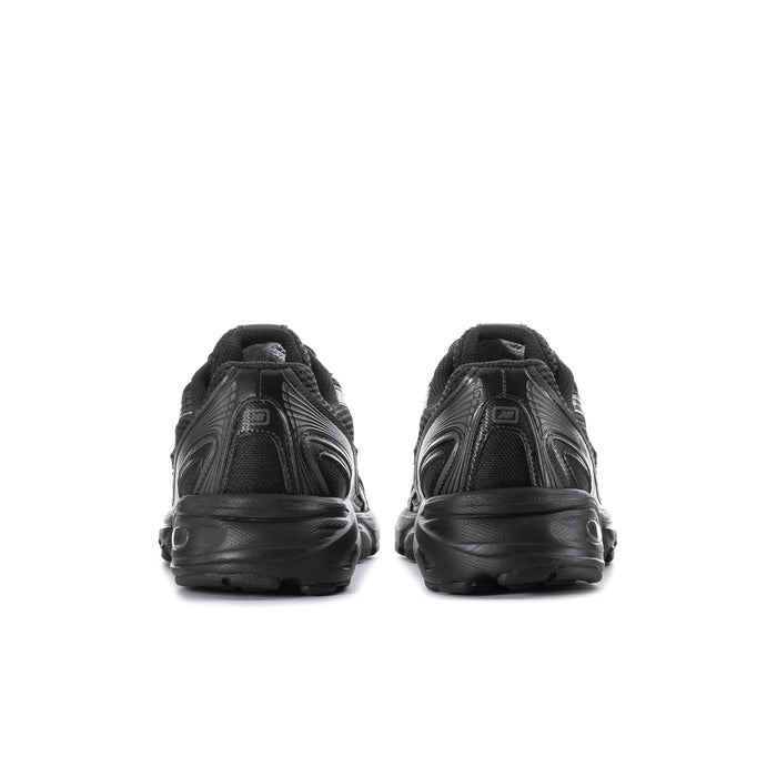 Black running sneakers, treaded outsole and padded tongue with laces