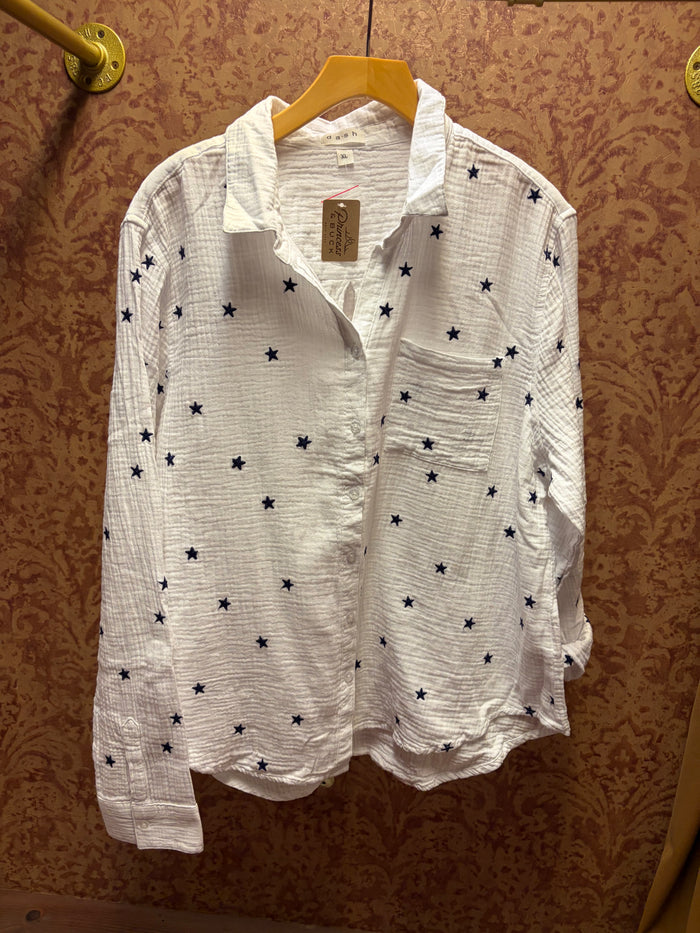 Camille & Co. Reach for the Stars blouse featuring a celestial star pattern, lightweight fabric, and a relaxed fit.