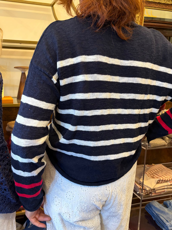 Camille & Co. Sail On Sweater featuring nautical stripes in soft knit fabric, displayed on a mannequin.