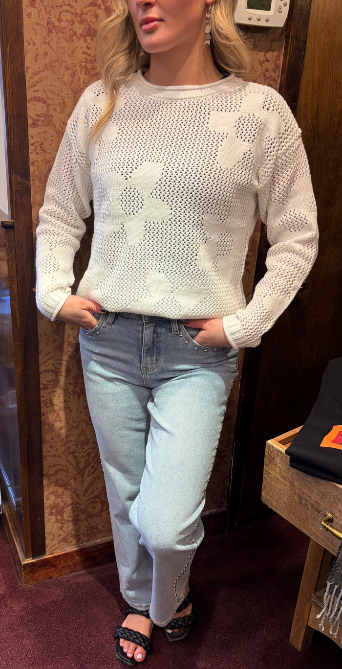 Camille & Co. Mesh Bloom Sweater featuring a lightweight knit design with floral mesh pattern, long sleeves, and relaxed fit.