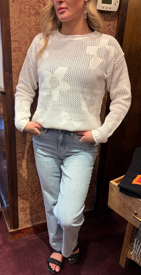 Camille & Co. Mesh Bloom Sweater featuring a lightweight knit design with floral mesh pattern, long sleeves, and relaxed fit.