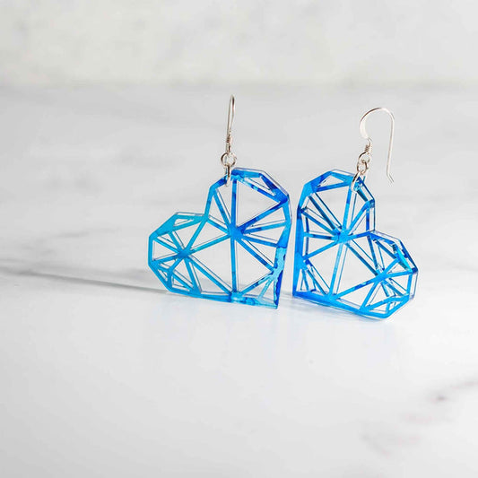 Acrylic Earrings - Blue Alcohol Ink Geometric Heart - by LeeMo Designs in Bend, Oregon