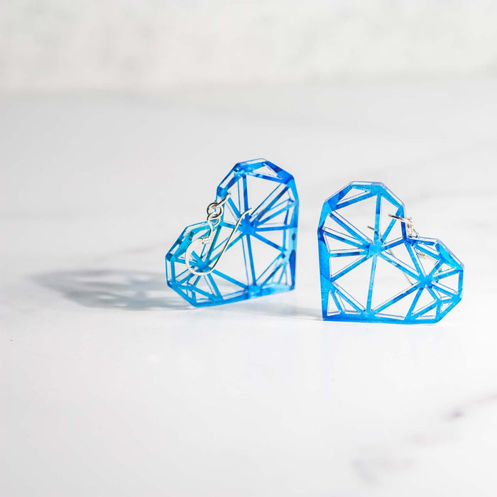 Acrylic Earrings - Blue Alcohol Ink Geometric Heart - by LeeMo Designs in Bend, Oregon