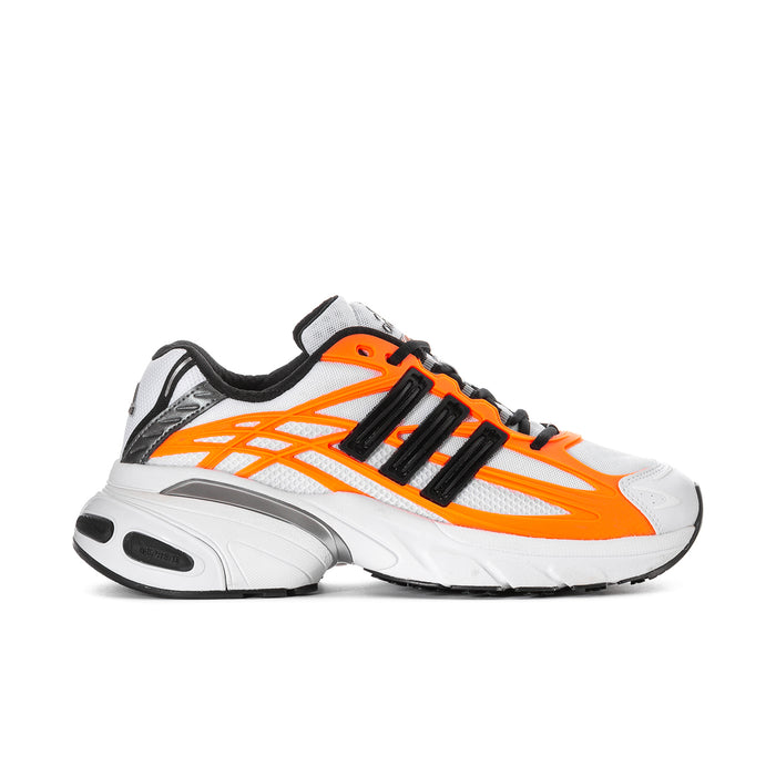 Men's white, black, and solar orange running shoes with black 3-stripe panels
