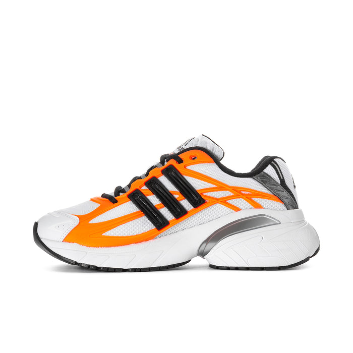 Men's white and solar orange running shoes with black stripes and chunky cushioned sole