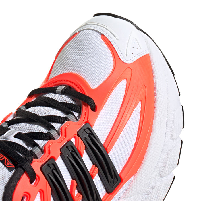 Close-up of men's white and solar orange mesh upper with black lace and strap