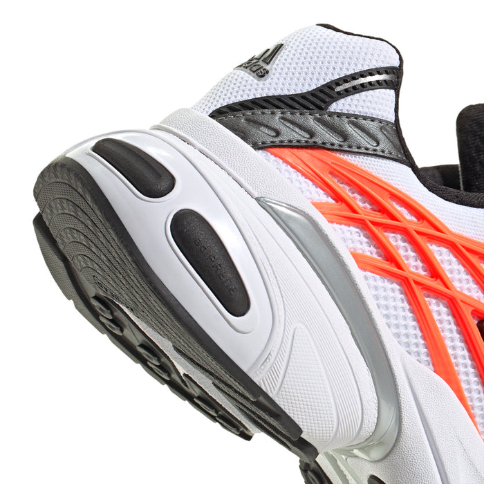 Close-up side view of men's white and solar orange running shoe with black stripe detailing