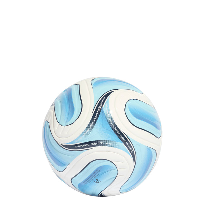 Light blue and white football with textured surface and black accent stripes