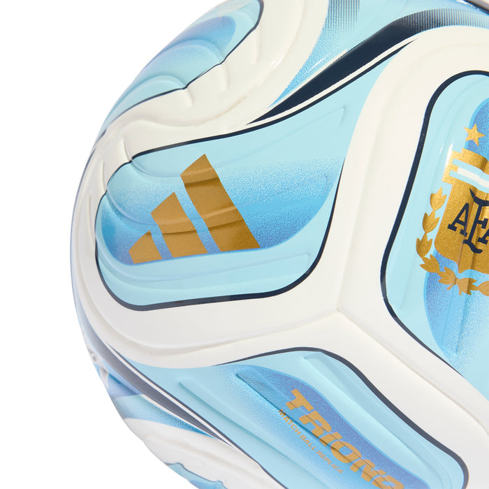 Close-up mini football panel with gold stripe and blue graphic on white